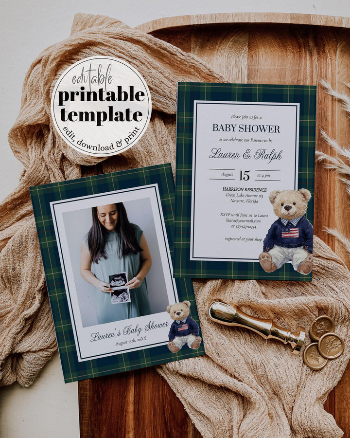 Classic Luxury Ralph Polo Baby Shower Invitation for Boys, Bear Baby Shower Invite Template, Teddy Bear Plaid Elegant Theme Template #068 - TheLovebirdsDesign