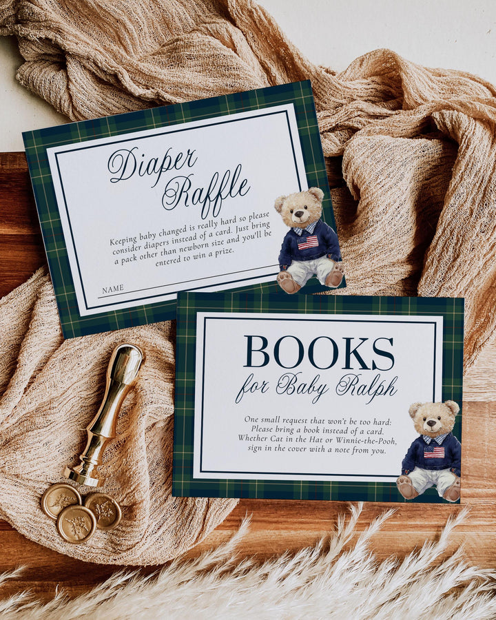 Classic Luxury Ralph Polo Baby Shower Invitation for Boys, Bear Baby Shower Invite Template, Teddy Bear Plaid Elegant Theme Template #068 - TheLovebirdsDesign