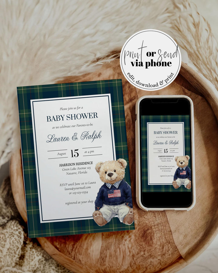Classic Luxury Ralph Polo Baby Shower Invitation for Boys, Bear Baby Shower Invite Template, Teddy Bear Plaid Elegant Theme Template #068 - TheLovebirdsDesign