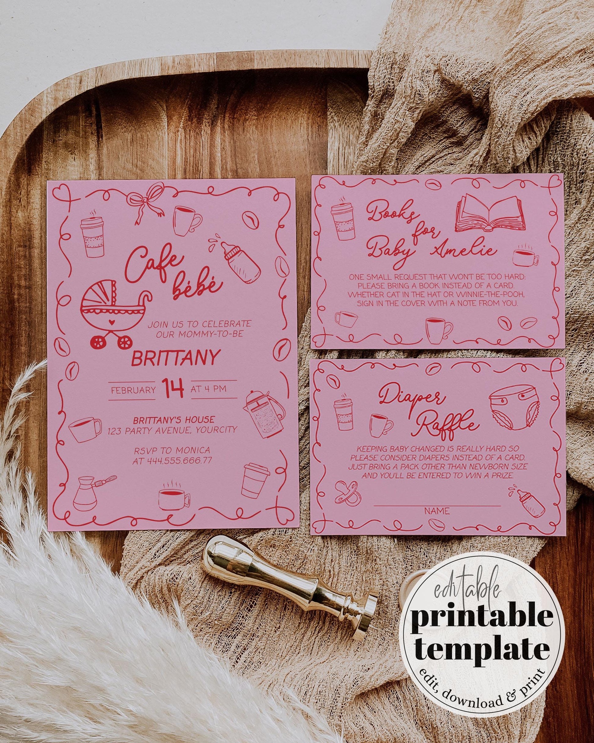 Coffee Bean Baby Shower Invitation Set, Hand Drawn Baby is Brewing Baby Sprinkle Invite, Paris Cafe Bebe Girls Printable Party Template #070 - TheLovebirdsDesign