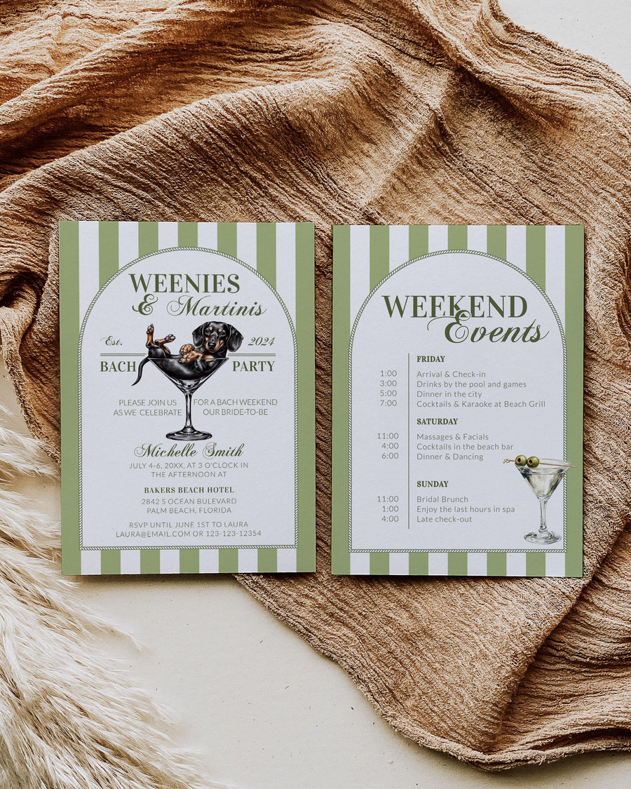 Weenies and Martinis Dachshund Bachelorette Itinerary, Editable Green Dirty Martini Bach Party Invitation Cocktail Social Club Template #072 - marryful.org