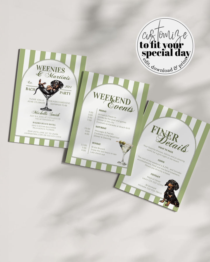 Weenies and Martinis Dachshund Bachelorette Itinerary, Editable Green Dirty Martini Bach Party Invitation Cocktail Social Club Template #072 - TheLovebirdsDesign