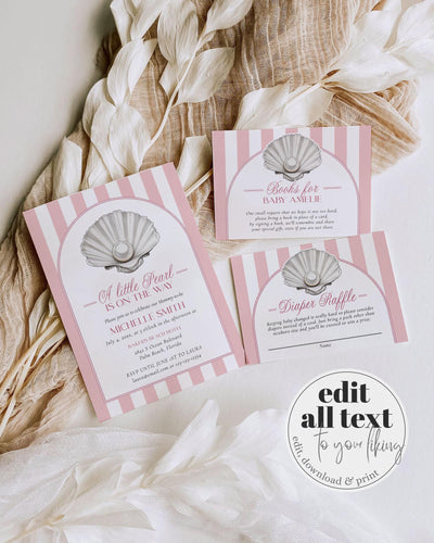 Little Pearl on the Way Baby Shower Invitation Template, Under the Sea Baby Shower Invite Suite, Pink Ocean Baby Shower Template Girl #072 - TheLovebirdsDesign