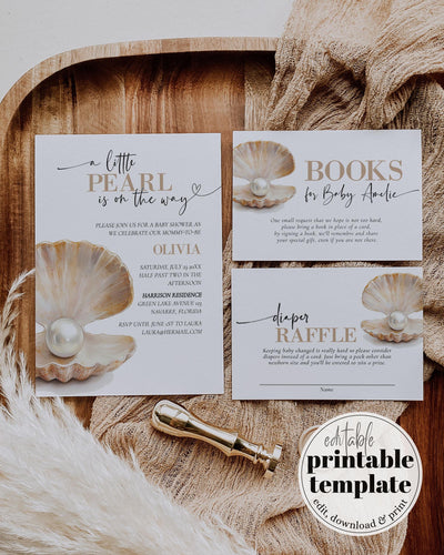 Little Pearl on the Way Gender Neutral Baby Shower Invitation, Under the Sea Baby Shower Invite Suite, Beige Ocean Baby Shower Template #072 - TheLovebirdsDesign