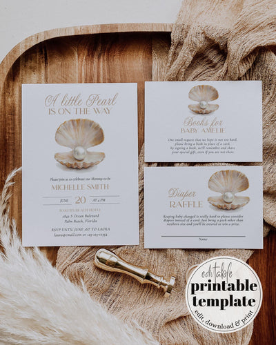 Under the Sea Baby Shower Invitation, Gender Neutral Little Pearl on the Way Baby Shower Invite Suite, Ocean Baby Shower Template #072 - TheLovebirdsDesign