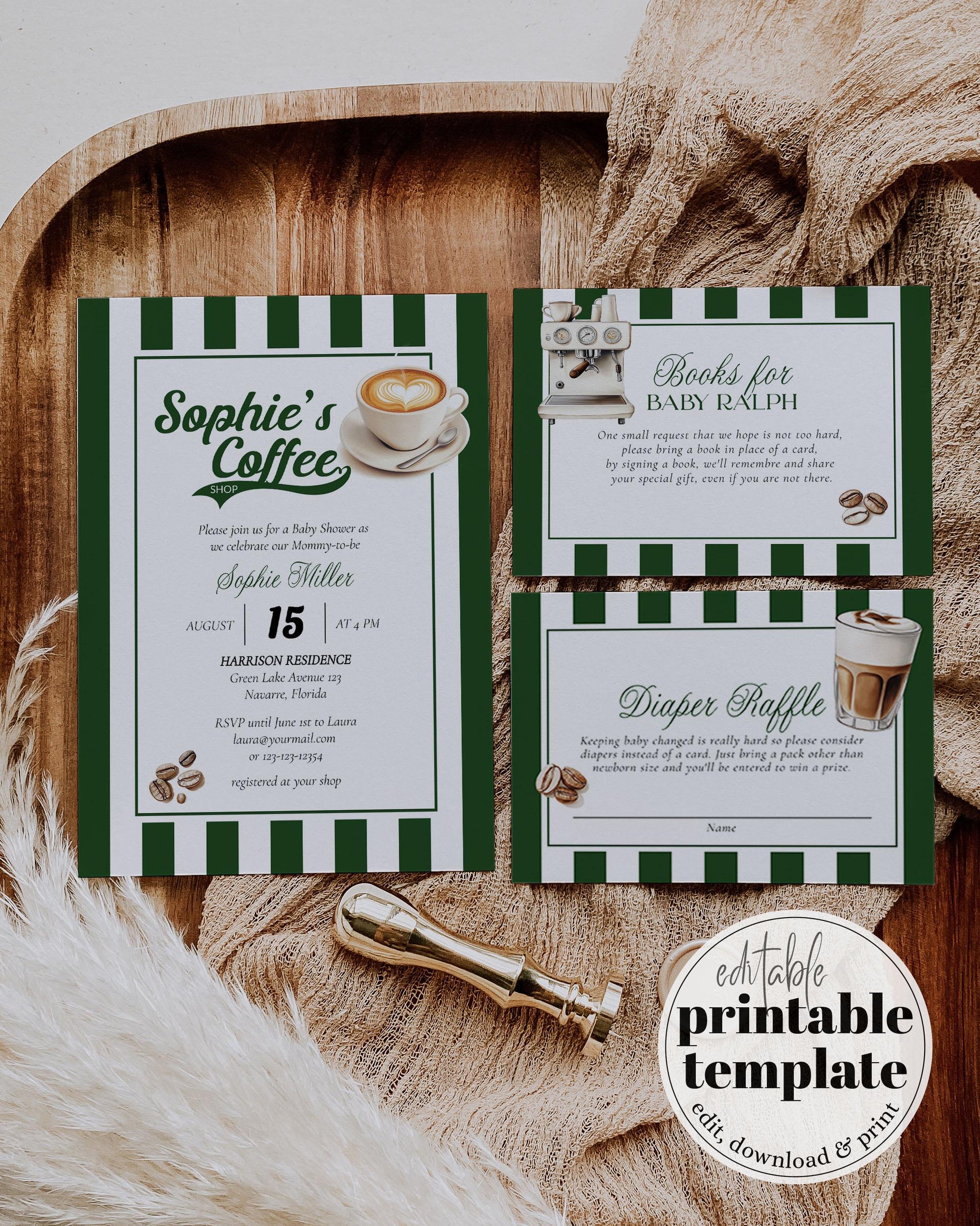 Coffee Shop Baby Shower Invitation Template, New York Baby is Brewing, Editable Classic Vintage Coffee Bean Baby Shower Invite Template #074 - TheLovebirdsDesign