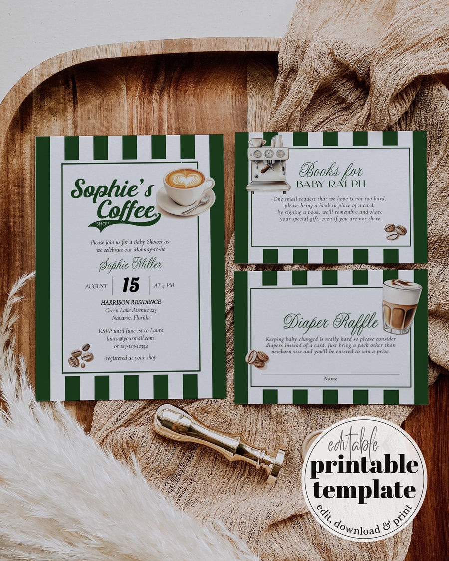 Coffee Shop Baby is Brewing Shower Invitation, Vintage Coffee Bean Editable Template 074CO-BSINV - marryful.org