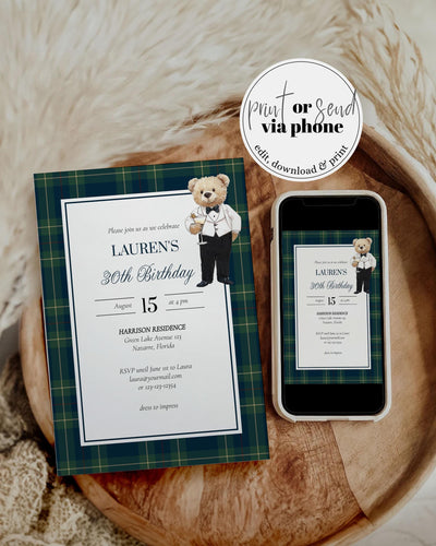 Vintage Adult Birthday Invitation Template, Classic Teddy Martini Plaid Birthday Invite, Editable Ralph Luxury Polo Party Template #068 - TheLovebirdsDesign