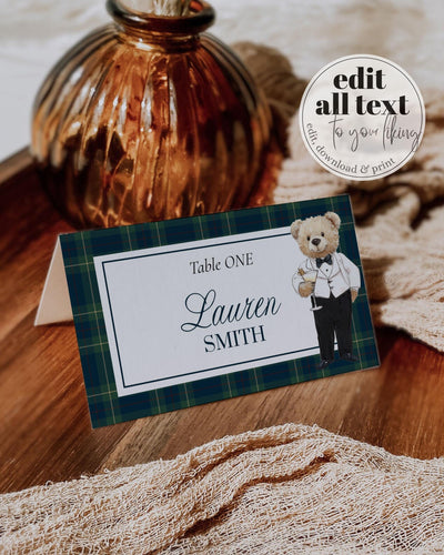 Classic Vintage Ralph Polo Place Cards, Bear Plaid Food Label Templates, Printable Teddy Bear Theme Luxurious Party Decoration Template #068 - TheLovebirdsDesign
