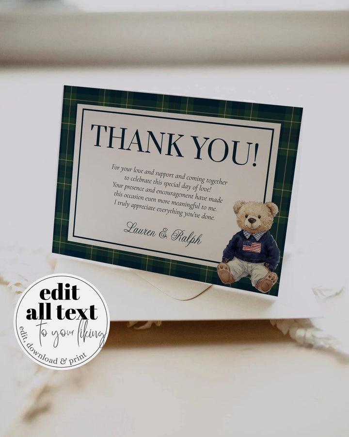 Vintage Polo Teddy Bear Thank you Card, Classic Baby Shower Thank you Note for Boys Party, Editable Luxury Bear Plaid Card Template #068 - TheLovebirdsDesign