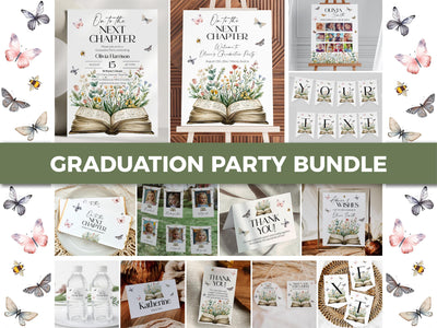 On to the next Chapter Book Book themed Graduation Party Bundle, Wildflower Butterfly Storybook Graduation Party Decoration Templates #068 - TheLovebirdsDesign