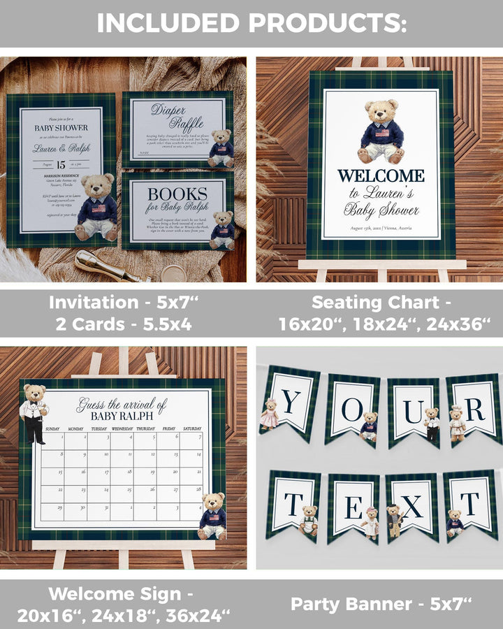 Vintage Polo Teddy Baby Shower Bundle, Lauren Baby Shower Decorations Suite Boys, Editable Luxury Bear Baby Shower Invitation Template #068 - TheLovebirdsDesign