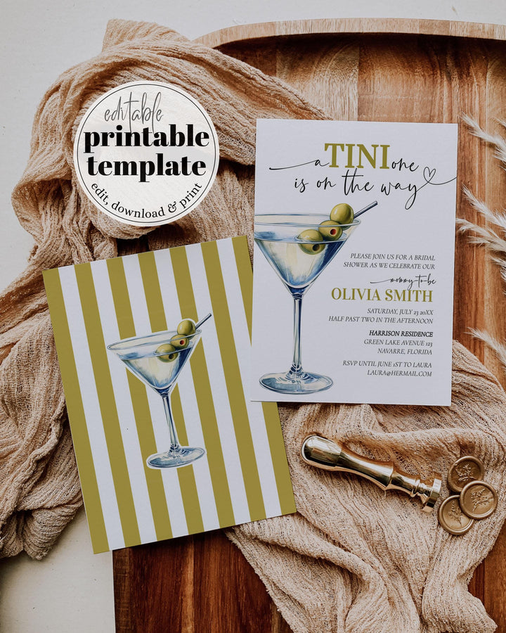 A Tini one is on the way dry Martini Baby Shower Invitation Set, Mommies and Martinis Old Money Penny Party Invite Printable Template #072 - TheLovebirdsDesign