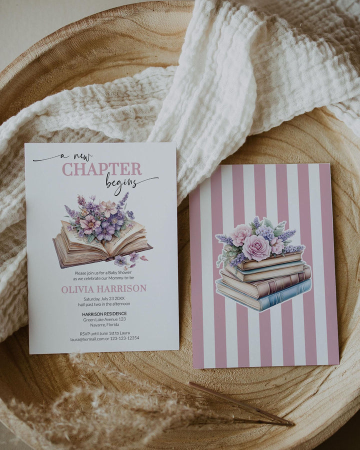 A New Chapter Begins Vintage Baby Shower Invitation, Lavender Pink Storybook Baby Shower Invite, Wildflower Themed Party Template #072 - TheLovebirdsDesign