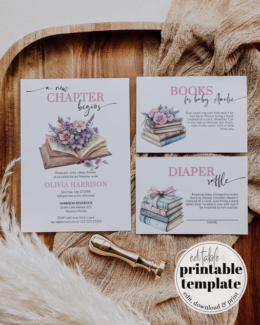 A New Chapter Begins Vintage Baby Shower Invitation, Lavender Pink Storybook Baby Shower Invite, Wildflower Themed Party Template #072 - TheLovebirdsDesign