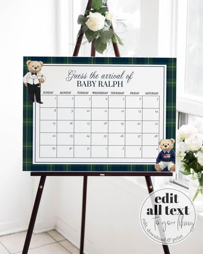 Vintage Polo Teddy Baby Shower Guess Due Date Game Sign, Luxury Lauren Baby Arrival Sign, Classic Baby Shower Decorations Sign Template #068 - TheLovebirdsDesign