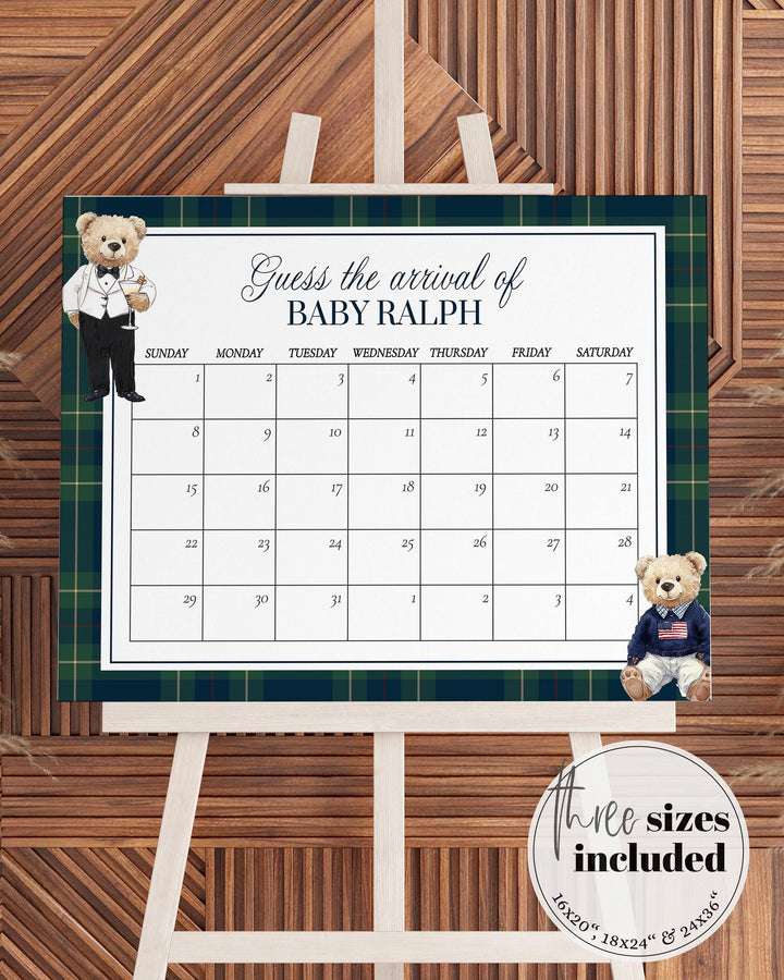 Vintage Polo Teddy Baby Shower Guess Due Date Game Sign, Luxury Lauren Baby Arrival Sign, Classic Baby Shower Decorations Sign Template #068 - TheLovebirdsDesign