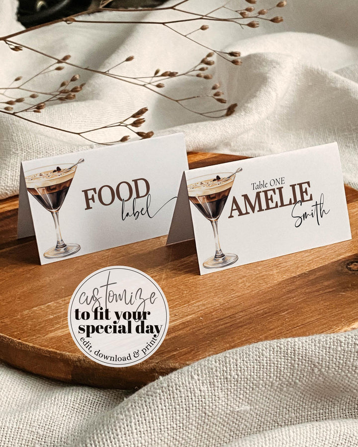 Espresso Martini Place Cards, Editable Coffee Martini themed Food Label, Love is brewing Martini Printable Decorations Template #072 - TheLovebirdsDesign