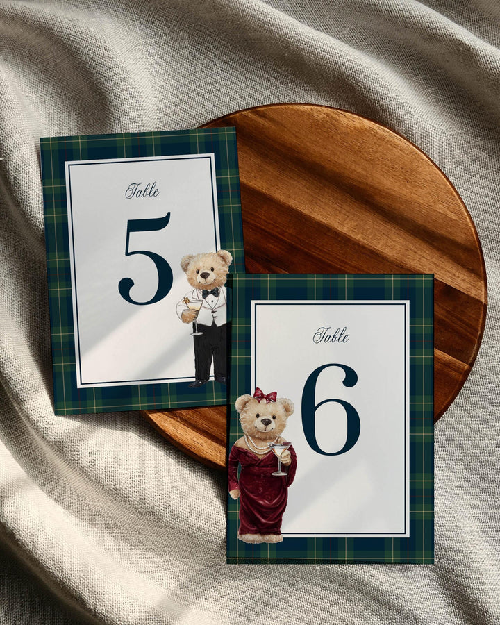 Classic Vintage Ralph Polo Table Numbers Template, Luxury Bear Table Number, Printable Teddy Bear Plaid Elegant Theme Decoration #068 - TheLovebirdsDesign