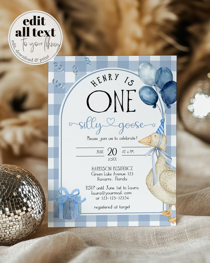 Blue One Silly Goose First Birthday Invitation, Boys Silly Goose Themed Birthday Invite Suite Natural Decor Printable Template #068 - TheLovebirdsDesign