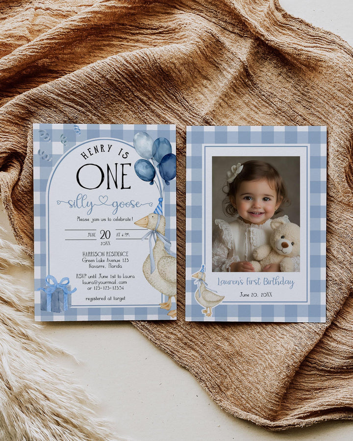 Blue One Silly Goose First Birthday Invitation, Boys Silly Goose Themed Birthday Invite Suite Natural Decor Printable Template #068 - TheLovebirdsDesign