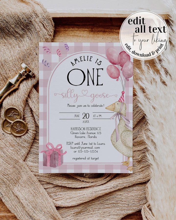 Pink One Silly Goose First Birthday Invitation, Girls Silly Goose Themed Birthday Invite Suite Natural Decor Printable Template #068 - TheLovebirdsDesign