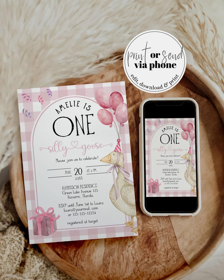 Pink One Silly Goose First Birthday Invitation, Girls Silly Goose Themed Birthday Invite Suite Natural Decor Printable Template #068 - TheLovebirdsDesign