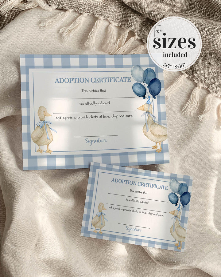 One Silly Goose Blue Adoption Party Game Certificate Boys First Birthday Decorations, Adopt a Pet Party Decor Printable Template #068 - TheLovebirdsDesign