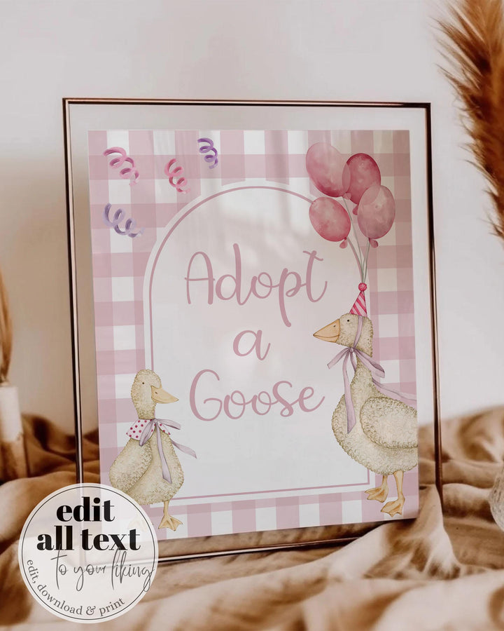 One Silly Goose Blue Adoption Party Game Certificate Girls First Birthday Decorations, Pink Adopt a Pet Party Decor Printable Template #068 - TheLovebirdsDesign