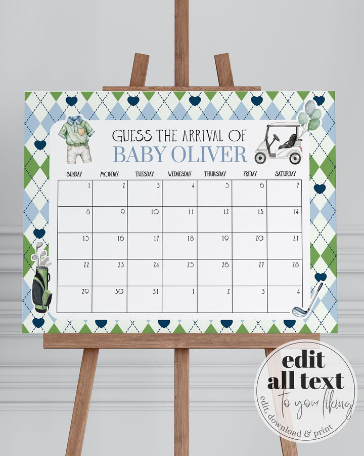 Boy Golf Baby Shower Guess Due Date Game Sign, Golfing Baby Shower Party Decorations Template, Par-Tee Golf Baby Arrival Game Printable #068 - TheLovebirdsDesign