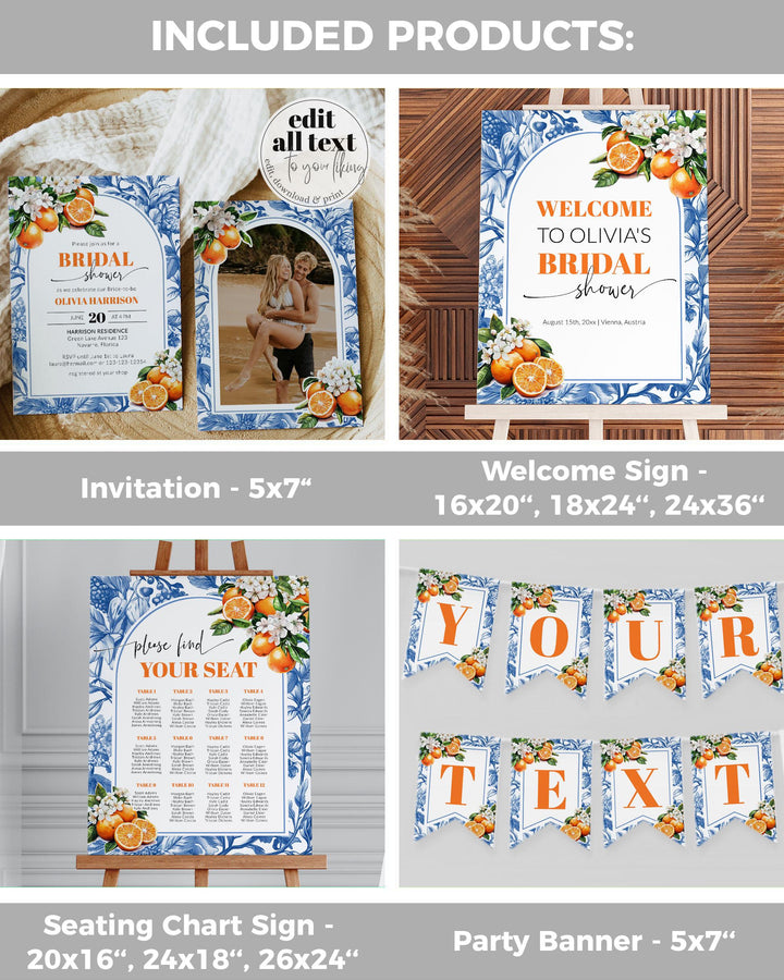 Orange Bridal Shower Bundle Blue Toile de Jouy Amalfi Orange Spritz Bridal Shower Invitation Suite Mediterranean Dolce Vita Template #072 - TheLovebirdsDesign