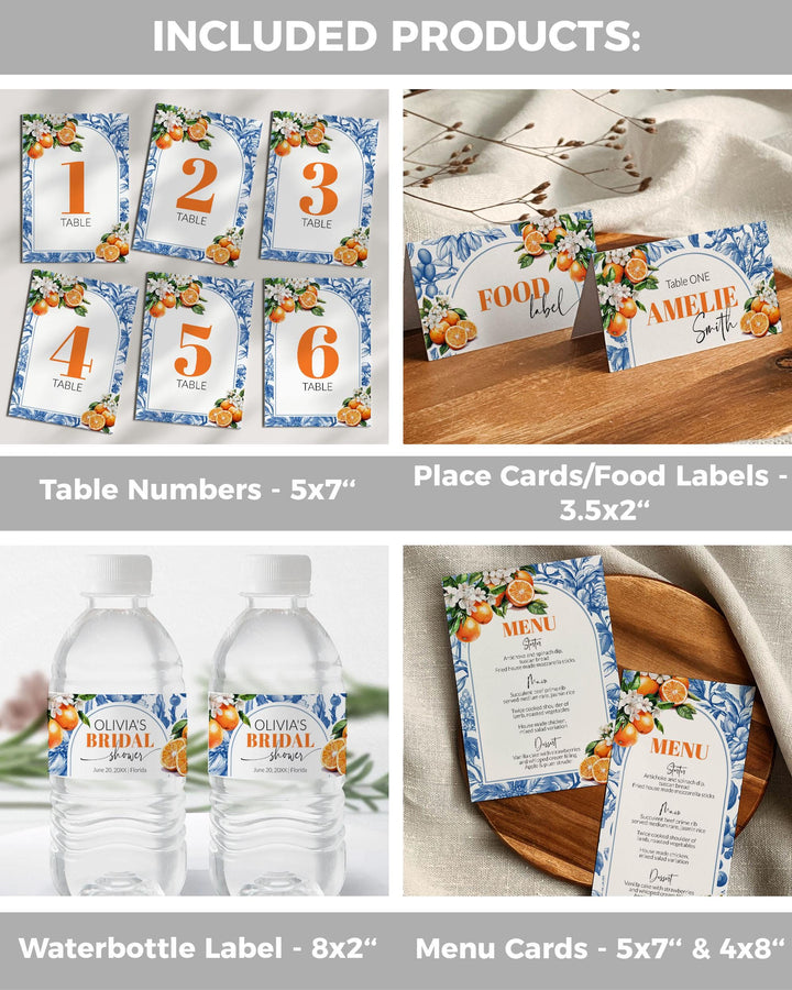 Orange Bridal Shower Bundle Blue Toile de Jouy Amalfi Orange Spritz Bridal Shower Invitation Suite Mediterranean Dolce Vita Template #072 - TheLovebirdsDesign