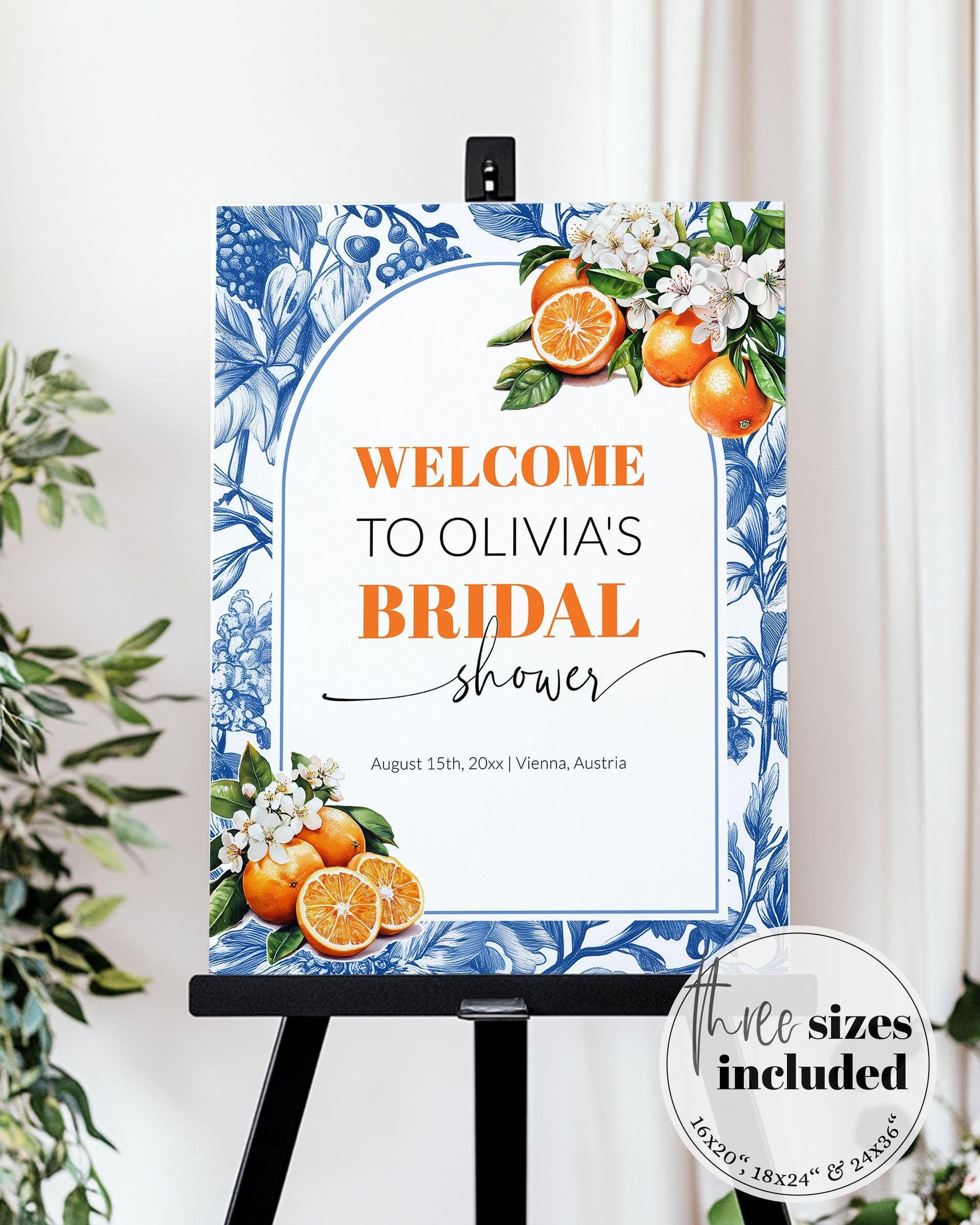 Orange Blue Toile Tile Welcome Sign for Amalfi Coast Positano Bridal or Baby Shower Welcome Sign Mediterranean Party Decoration Template#072 - TheLovebirdsDesign