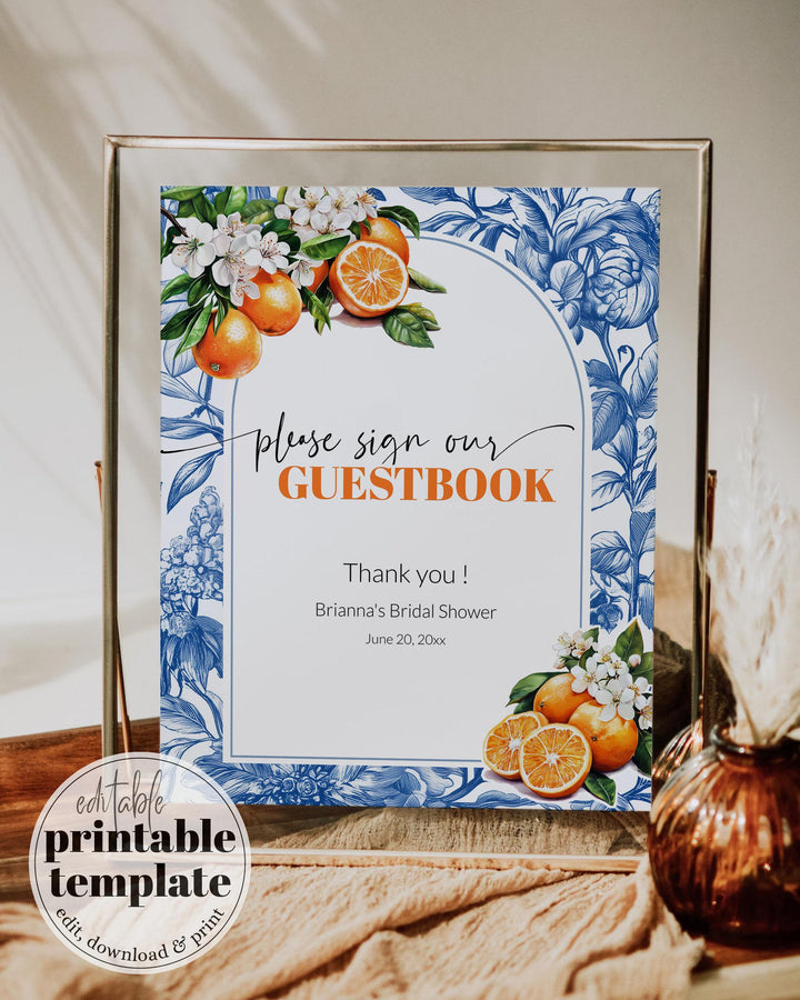 Orange Blue Tile Editable Party Signs for Bridal Shower or Cutie Baby Shower Amalfi Coast Positano Theme Bachelorette Decor Template #072 - TheLovebirdsDesign