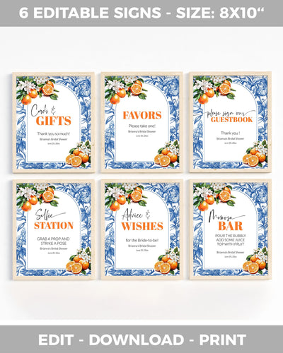 Orange Blue Tile Editable Party Signs for Bridal Shower or Cutie Baby Shower Amalfi Coast Positano Theme Bachelorette Decor Template #072 - TheLovebirdsDesign