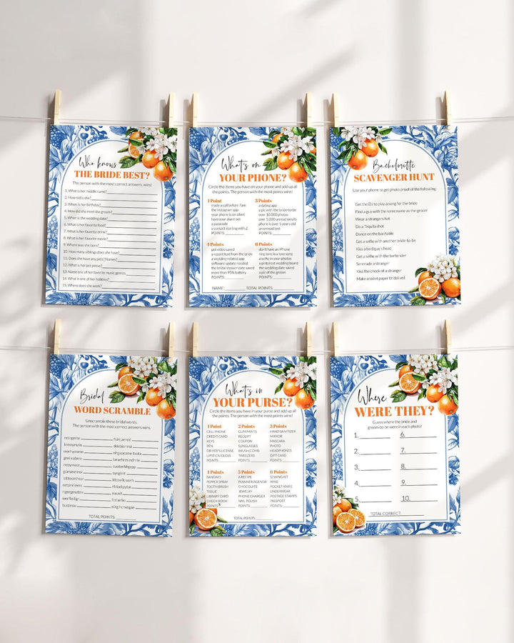 Blue Orange Tile Bridal Shower Game Bundle for Mediterranean Bachelorette at the Sea Amalfi Coast Positano theme Party Game Templates #072 - TheLovebirdsDesign
