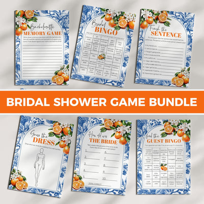 Blue Orange Tile Bridal Shower Game Bundle for Mediterranean Bachelorette at the Sea Amalfi Coast Positano theme Party Game Templates #072 - TheLovebirdsDesign