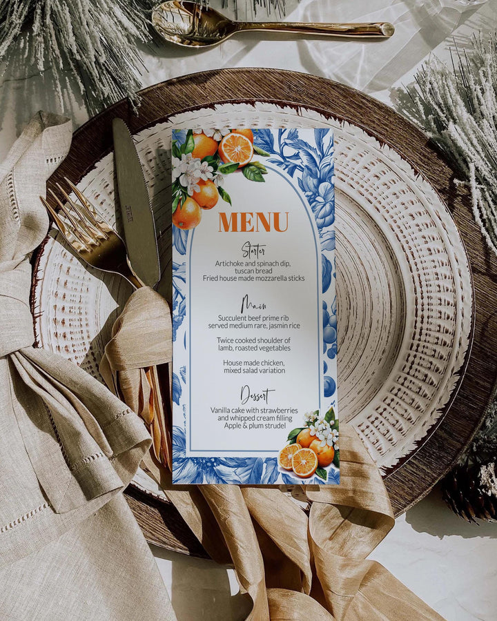 Orange Blue Toile Menu Cards Amalfi Coast Mediterranean Blue Tile and Oranges Positano theme editable Citrus Orange Menu Card Template #072 - TheLovebirdsDesign