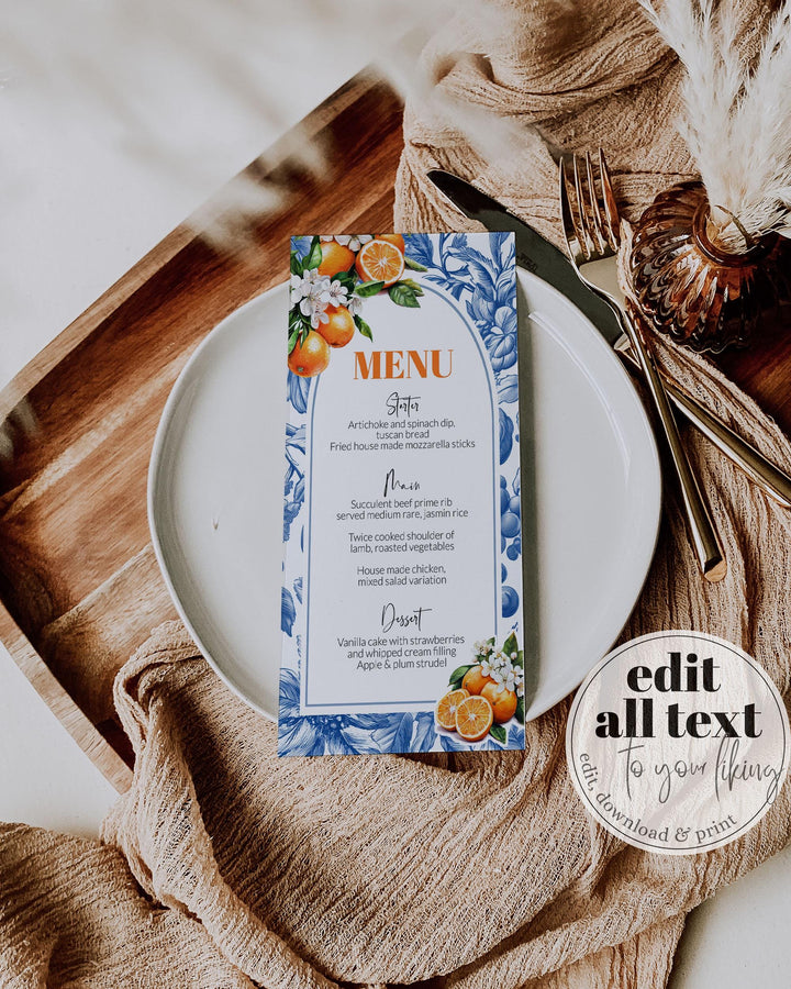 Orange Blue Toile Menu Cards Amalfi Coast Mediterranean Blue Tile and Oranges Positano theme editable Citrus Orange Menu Card Template #072 - TheLovebirdsDesign