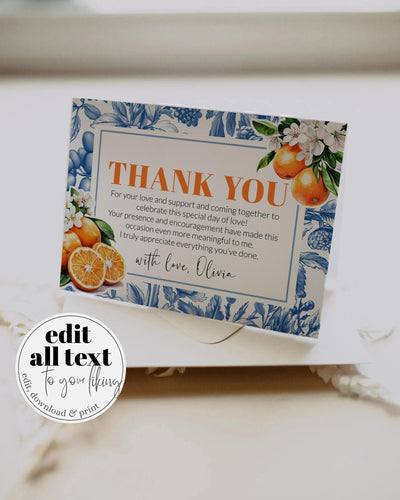 Orange Toile Thank you Card Amalfi Coast Thank you note with Citrus Positano Theme Something Blue Bridal or Cutie Baby Shower Template #072 - TheLovebirdsDesign
