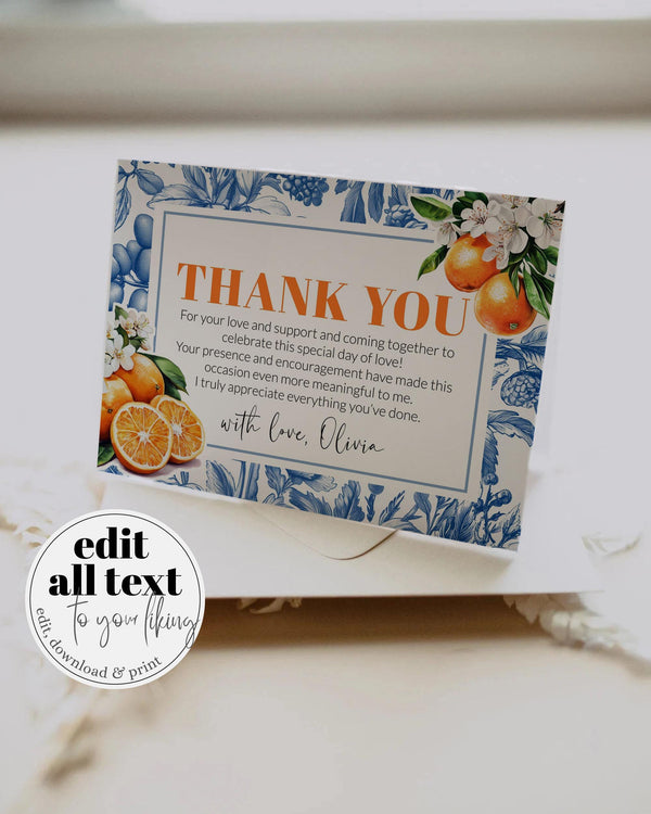 Orange Toile Thank you Card Amalfi Coast Thank you note with Citrus Positano Theme Something Blue Bridal or Cutie Baby Shower Template #072 - TheLovebirdsDesign