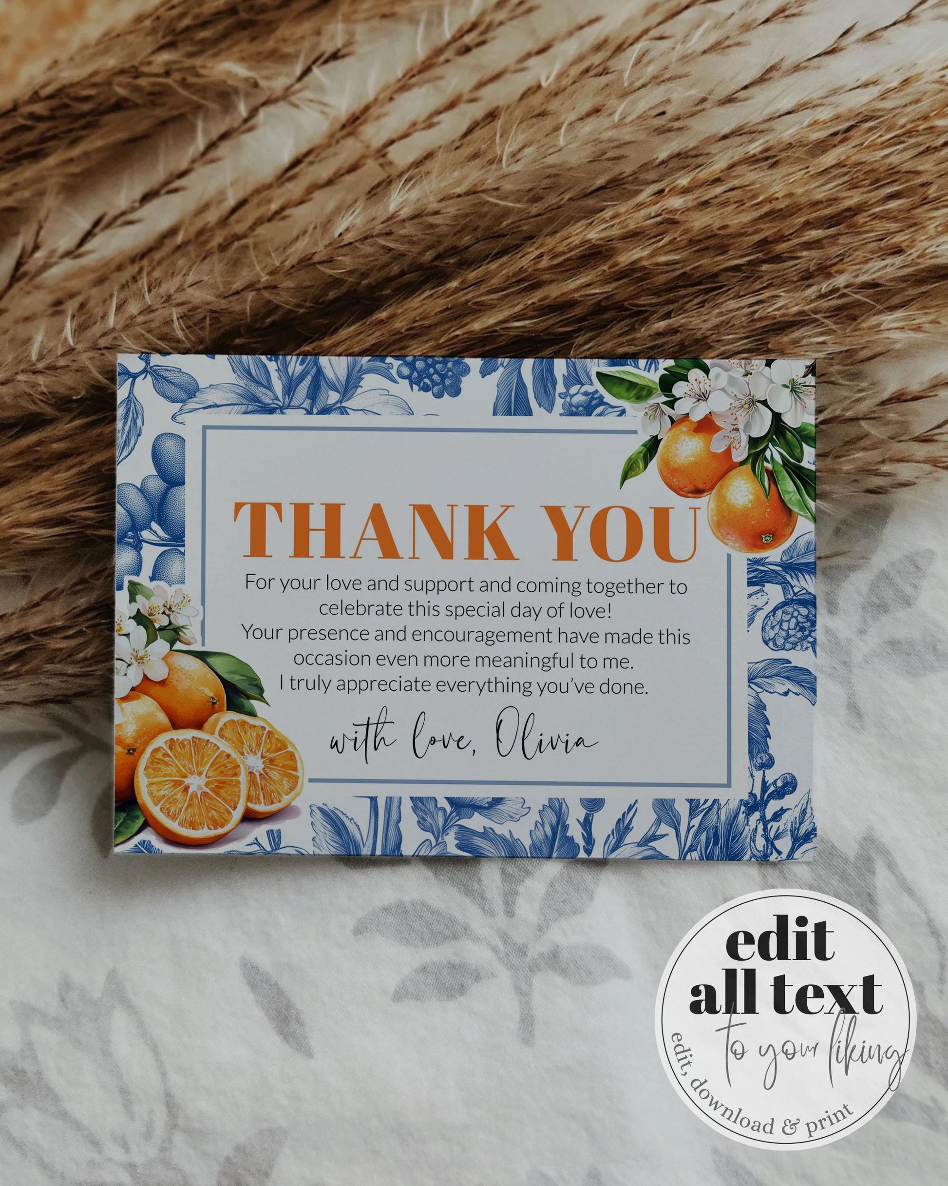 Orange Toile Thank you Card Amalfi Coast Thank you note with Citrus Positano Theme Something Blue Bridal or Cutie Baby Shower Template #072 - TheLovebirdsDesign