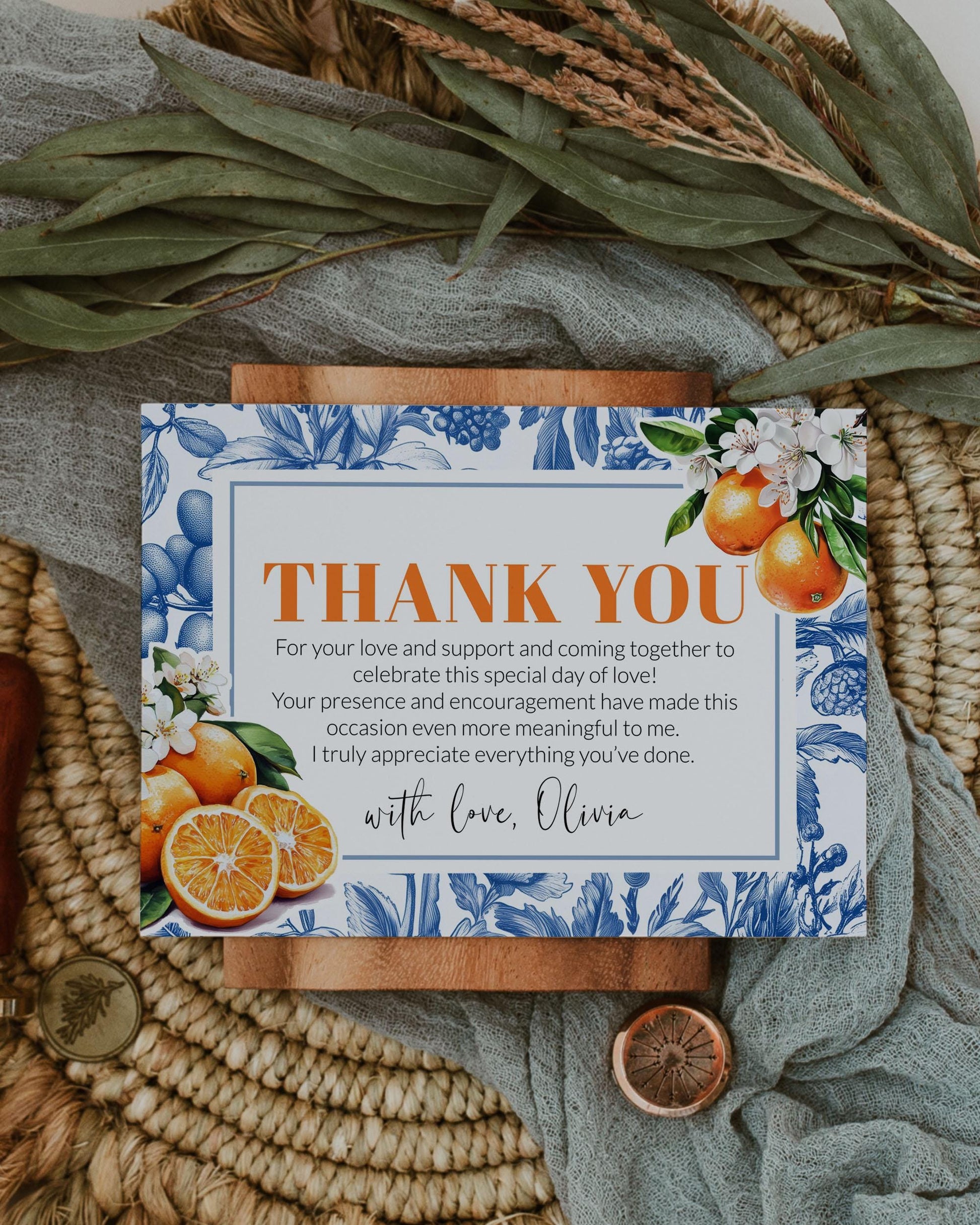 Orange Toile Thank you Card Amalfi Coast Thank you note with Citrus Positano Theme Something Blue Bridal or Cutie Baby Shower Template #072 - TheLovebirdsDesign