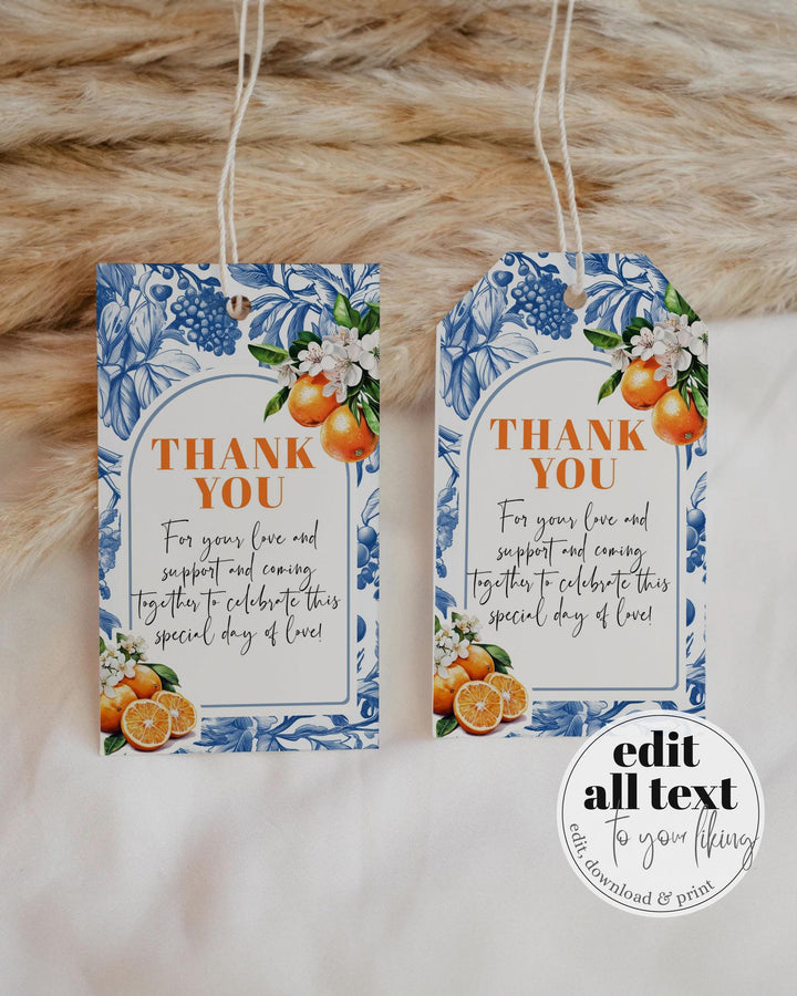 Blue Toile Tiles Orange Amalfi Coast Favor Tags for Guest Gift Bags Toile de Jouy Positano Label Mediterranean Cutie Shower Template #072 - TheLovebirdsDesign