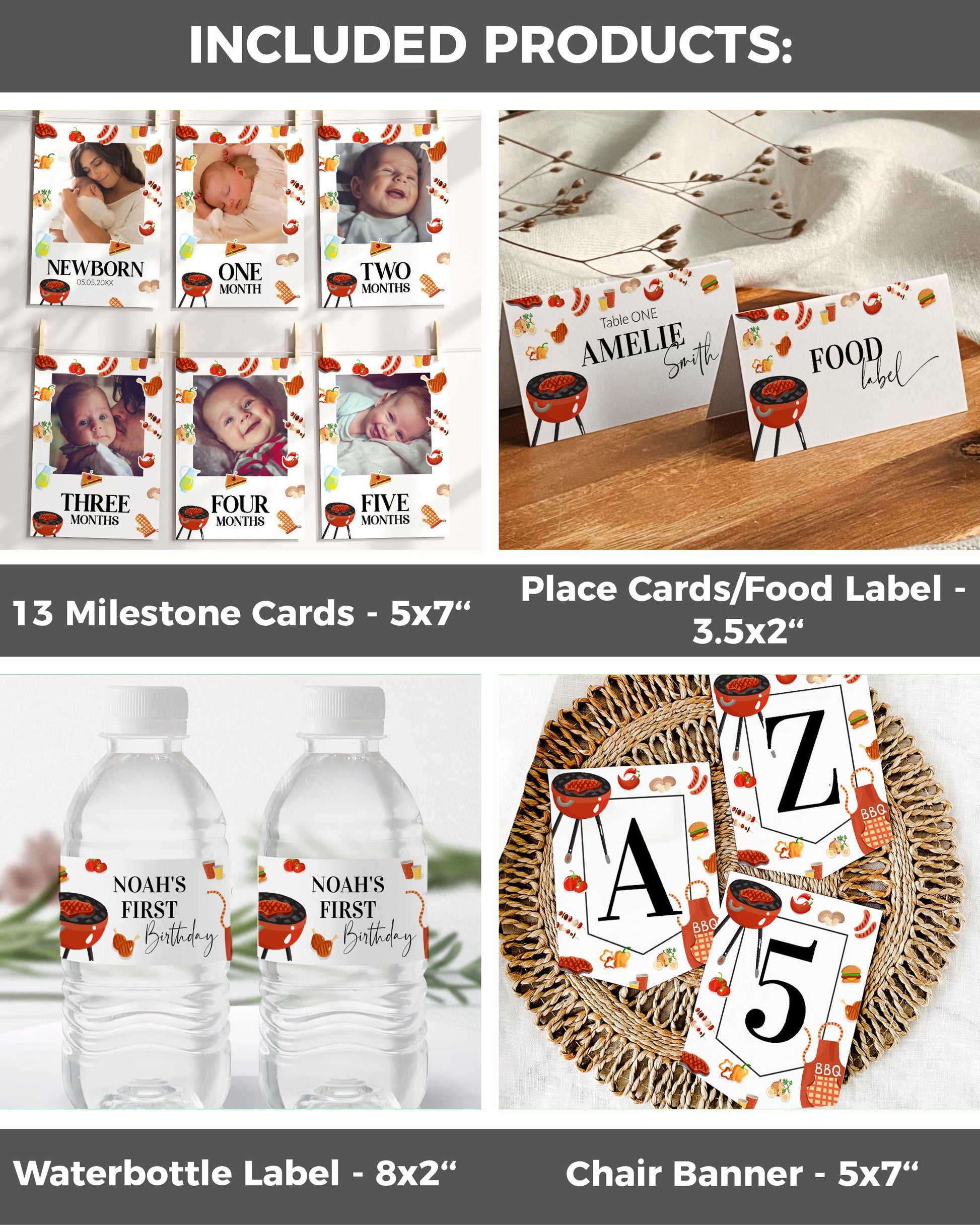 BBQ Burger Birthday Invitation Bundle, BBQ Bun Summer Boy Invite Template Set for Backyard Barbecue, Printable BBQ Party Decoration #072a - TheLovebirdsDesign