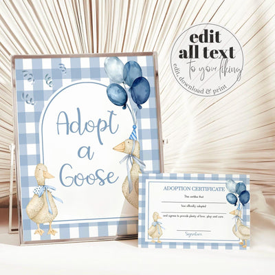 One Silly Goose Blue Adoption Party Game Certificate Boys First Birthday Decorations, Adopt a Pet Party Decor Printable Template #068 - TheLovebirdsDesign