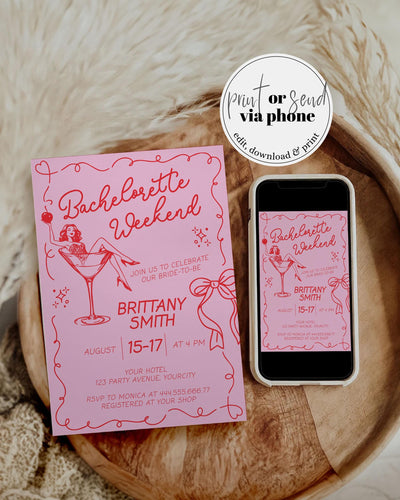 Cherry Martini Bachelorette Itinerary, Funky Handwritten Cherry on Top Martini Bach Party Invitation, Cocktail Bachelorette Template #070 - TheLovebirdsDesign