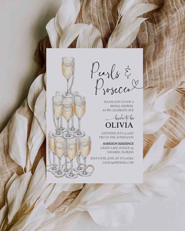 Pearls and Prosecco Bridal Shower Invitation, Champagne Tower and Pearls Party Invite Template for Bridal Brunch or Adult Woman Birthday#070 - TheLovebirdsDesign