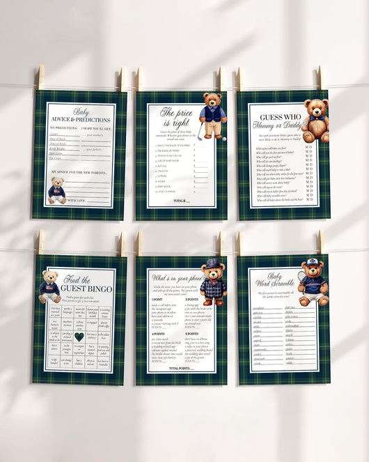 Vintage Polo Teddy Baby Shower Game Bundle, Classic Baby Sprinkle Games for Boys, Editable Luxury Bear with Plaid Printable Templates #068 - TheLovebirdsDesign
