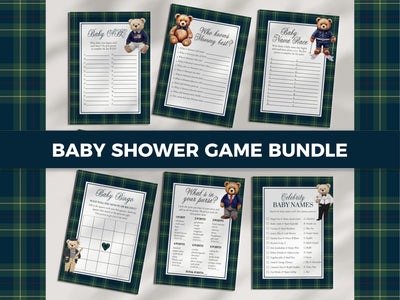 Vintage Polo Teddy Baby Shower Game Bundle, Classic Baby Sprinkle Games for Boys, Editable Luxury Bear with Plaid Printable Templates #068rl - TheLovebirdsDesign